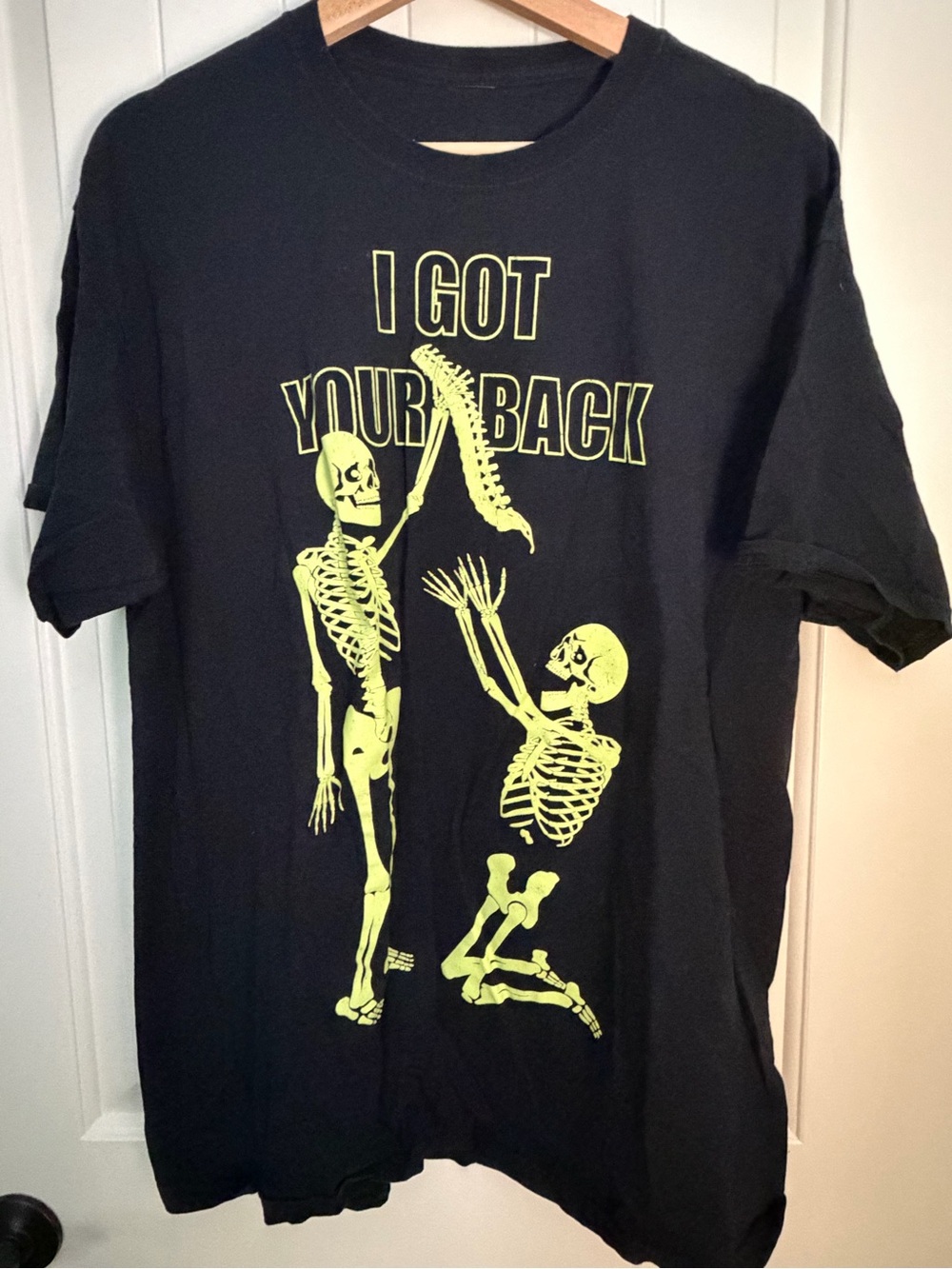 Black Short Sleeve Tee with Neon Yellow Skeleton Graphic - I Got Your Back
